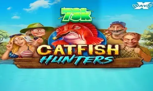 Tampilan visual permainan slot Catfish Hunters dengan tema sungai dan memancing.